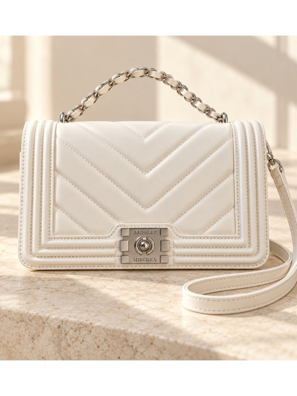 Badgley Mischka BM-4148 White V Quilted Frame Crossbody Bag